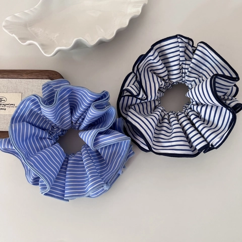Trendy Korean Style Striped Fabric Large Scrunchie Blue White Pleated Hair Ring Elastic Hair Band For Women Hair Accessories