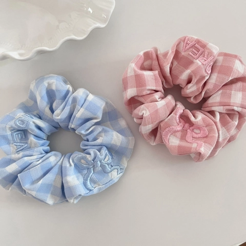 Fresh Gingham Embroidered Bow Scrunchie Korean Sweet Plaid Fabric Hair Tie Elastic Hair Band For Women Daily Hair Accessories