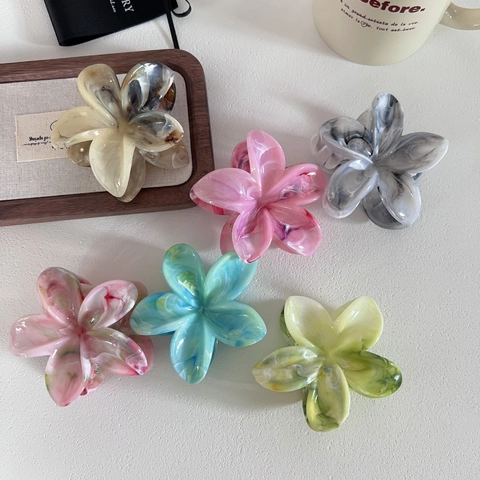 Summer Dopamine Ink Wash Colored Flower Claw Clip For Women Elegant Plastic Resin Hair Catch Marble Pattern Shark Clip Accessory