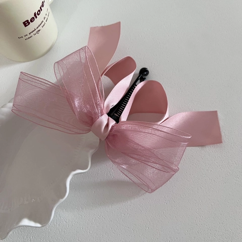 Pinza de Banana Elegante con Lazo de Organza y Satén Doble Capa Pinza para el Cabello Estilo Francés para Mujer