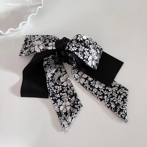Pinza para el Cabello con Lazo de Cinta Francés Elegante Accesorio de Tela para Mujer Estampado Floral Bambú Lunares para Peinado Diario