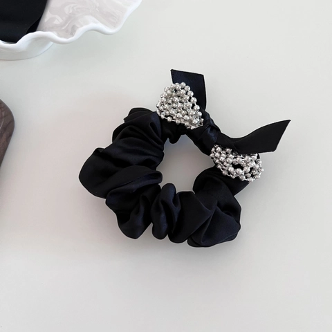 Elegante Scrunchie in Raso Nero Con Fiocco di Perline Argentate Decorazione per Donna Alta Elasticità Stile Francese Elastico per Capelli
