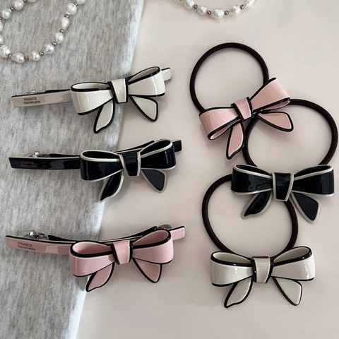 French Vintage Acetate Bow Hair Clip And Hair Tie Handmade Elegant Black White Pink Hair Accessories For Women