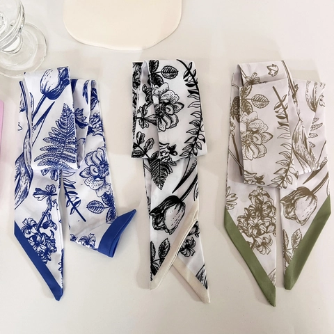 Franse Vintage Satijnen Skinny Sjaal Voor Dames Botanisch Tulpenpatroon Haarlint Tas Handvat Streamer Decoratieve Sjaal