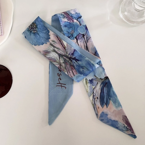 French Style Floral Print Long Satin Ribbon Scarf For Women Blue Watercolor Design Hair Ties Bag Straps Decorative Neck Wear