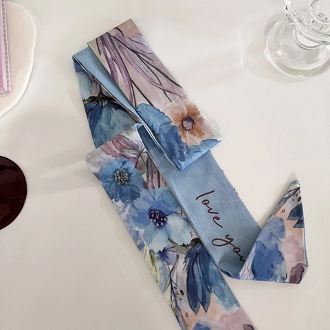 French Style Floral Print Long Satin Ribbon Scarf For Women Blue Watercolor Design Hair Ties Bag Straps Decorative Neck Wear