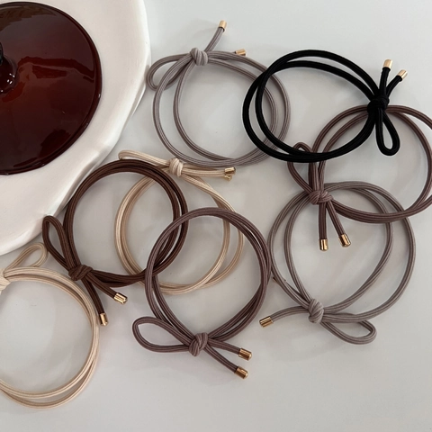 Korean Simple High Elastic Hair Ties For Women Girls Solid Color Bow Knot Head Rope With Gold Metal Tips Hair Accessories