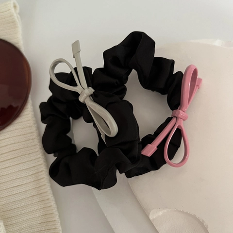 Elegant Satin Scrunchie With Metal Bow Decoration Minimalist Solid Color Hair Tie For Women Girls Daily Fashion Hair Accessories