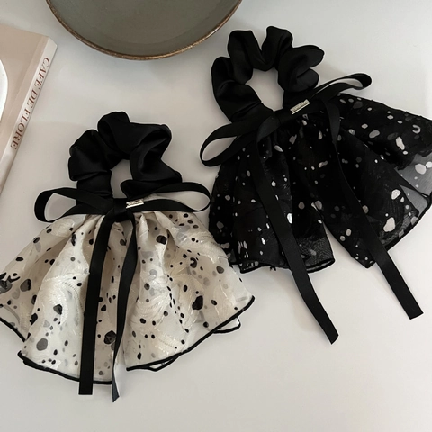 Coleteros Para El Cabello Con Lazo De Lunares Elegantes Franceses Para Mujer Cintas De Gasa Elásticas Accesorios Vintage