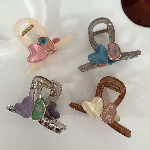 Koreaanse Stijl Hart Bloemen Patchwork Haarklem Gelei Kleur Hars Haarklem Voor Vrouwen Elegant Zoet Haaraccessoires