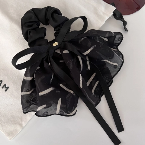 Elegante Scrunchie Francese Grande in Chiffon con Fiocco e Stampa a Linee Astratte Elastico per Capelli con Nastro Lungo in Raso Donna