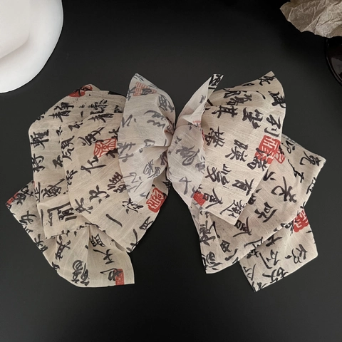 New Chinese Style Ink Calligraphy Bow Hair Clip Elegant Polyester Scrunchie Ribbon Claw Clip For Women Hair Accessories