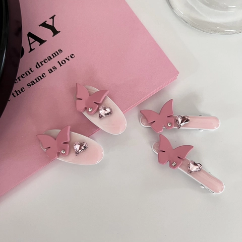 Pince à Cheveux Papillon Cœur en Strass Rose pour Femmes Douce Pince à Bec de Canard Latérale en Alliage Faite à la Main