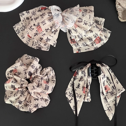 New Chinese Style Ink Calligraphy Bow Hair Clip Elegant Polyester Scrunchie Ribbon Claw Clip For Women Hair Accessories