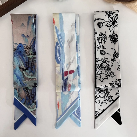 Vintage Oil Painting Style Satin Ribbon Scarf Narrow Hairband For Women Artistic Floral Pattern Bag Handle Tie Silk-Like Headband
