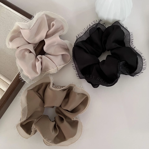 Korean Style Satin Ruffled Large Scrunchie For Women Elegant Silk Like Solid Color Hair Ties Ponytail Holder Hair Accessories