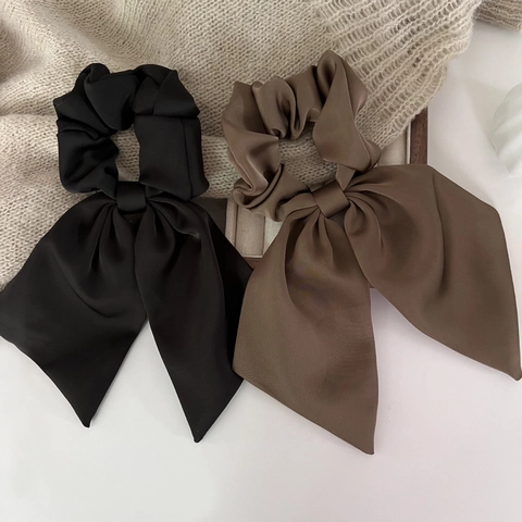 French Satin Fabric Bow Scrunchie With Long Ribbon Elegant Solid Color Hair Tie Headwear For Women Fashion Accessories