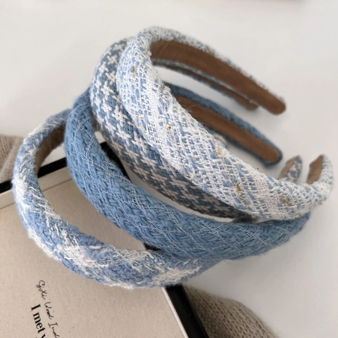 Cerchietto Imbottito in Tweed Blu Stile Francese per Donna Elegante Cerchietto in Spugna a Quadri Accessori per Capelli Moda
