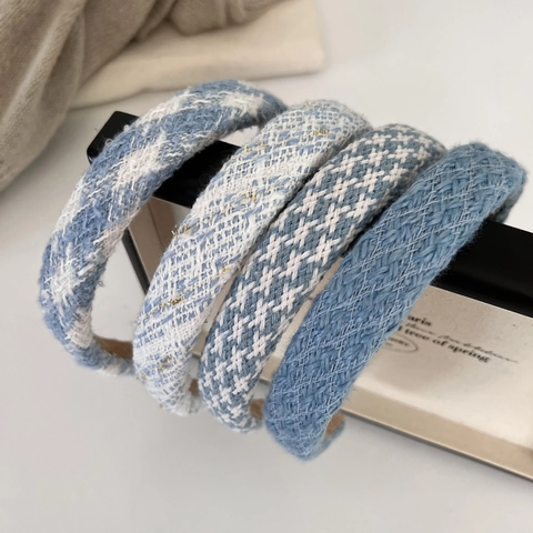 Cerchietto Imbottito in Tweed Blu Stile Francese per Donna Elegante Cerchietto in Spugna a Quadri Accessori per Capelli Moda