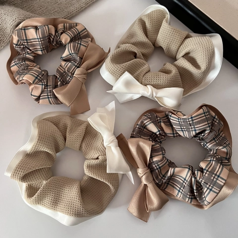 Elegant Bow Scrunchie Plaid Fabric Satin Bow Hair Tie Soft Elastic Hair Band Korean Style Sweet Hair Accessories For Women