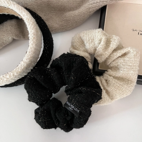 Vintage Tweed Ruitjes Scrunchies En Gewatteerde Hoofdband Metaaldraad Elegante Geplooide Haarelastiekjes Voor Dames Haaraccessoires