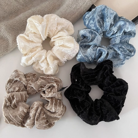 Coleteros de Terciopelo Vintage Francés Bordado Floral Lentejuelas Plisados Gomas para el Pelo Elásticas para Mujer Accesorios Diarios