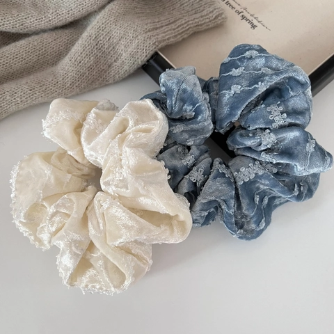 Coleteros de Terciopelo Vintage Francés Bordado Floral Lentejuelas Plisados Gomas para el Pelo Elásticas para Mujer Accesorios Diarios
