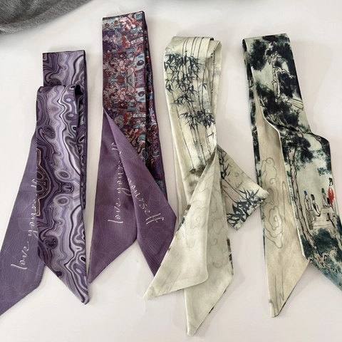 New Chinese Style Retro Ink Wash Scarf Hair Band Satin Ribbon For Women Elegant Versatile Thin Bag Streamer Headband Jewelry