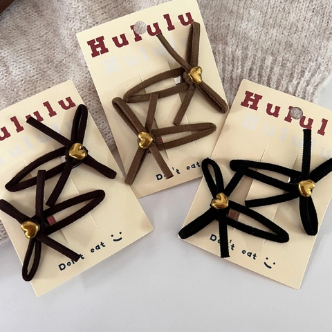 Vintage Suede Bowknot Hair Clip With Metal Heart Autumn Winter Coffee Color Ribbon Hair Tie Women Girls Hair Accessories