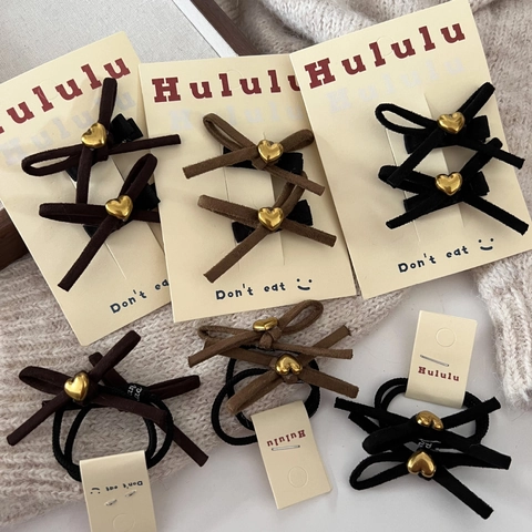 Vintage Suede Bowknot Hair Clip With Metal Heart Autumn Winter Coffee Color Ribbon Hair Tie Women Girls Hair Accessories