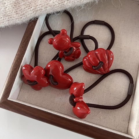 Gomas Para El Pelo Rojas De Año Nuevo Resina Corazón Lazo Oso Flor Concha Bandas Elásticas Dulce Estilo Coreano Mujer