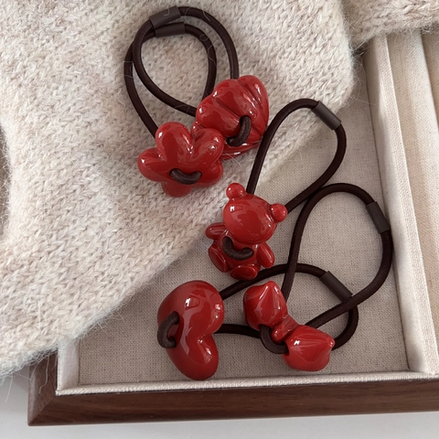 Gomas Para El Pelo Rojas De Año Nuevo Resina Corazón Lazo Oso Flor Concha Bandas Elásticas Dulce Estilo Coreano Mujer