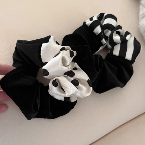 Vintage Velvet Satin Patchwork Scrunchie Polka Dot Striped Hair Tie French Elegant Elastic Hair Band For Women Hair Accessories