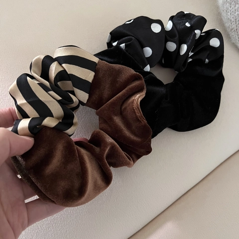 Vintage Velvet Satin Patchwork Scrunchie Polka Dot Striped Hair Tie French Elegant Elastic Hair Band For Women Hair Accessories