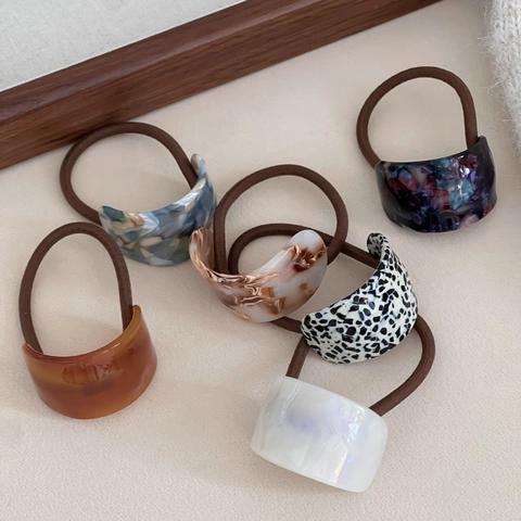 French Vintage Oval Acetate Hair Scrunchies Marble Amber Pattern Elastic Hair Ties Minimalist Hair Rope For Women Jewelry