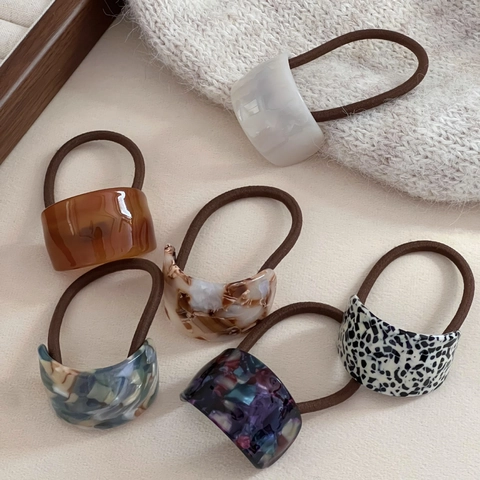French Vintage Oval Acetate Hair Scrunchies Marble Amber Pattern Elastic Hair Ties Minimalist Hair Rope For Women Jewelry