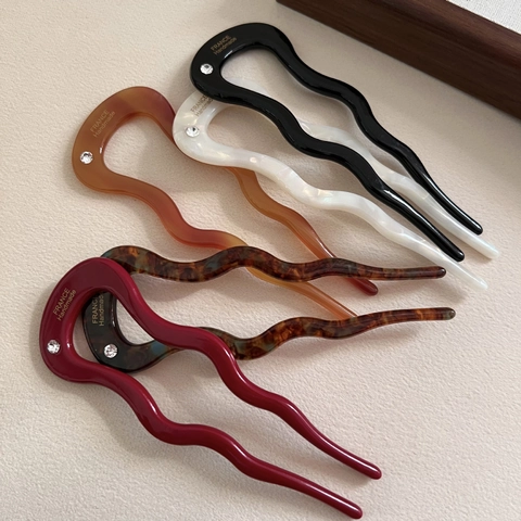 Vintage Acetate U-Shape Hair Stick With Rhinestone Wave Design French Style Hair Fork For Women Bun Updo Hair Accessories