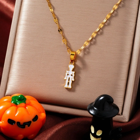 Fashion Stainless Steel Halloween Skeleton Pendant Necklace Gold Plated Enamel White Skull Gothic Jewelry For Women Halloween Party