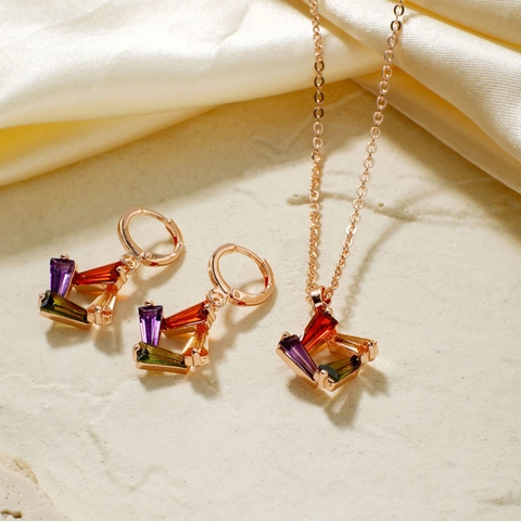 Set di Gioielli in Acciaio Inossidabile con Strass Quadrato Geometrico per Donna Elegante Oro Rosa Multicolore Argento Bianco Ciondolo Collana Orecchini a Cerchio