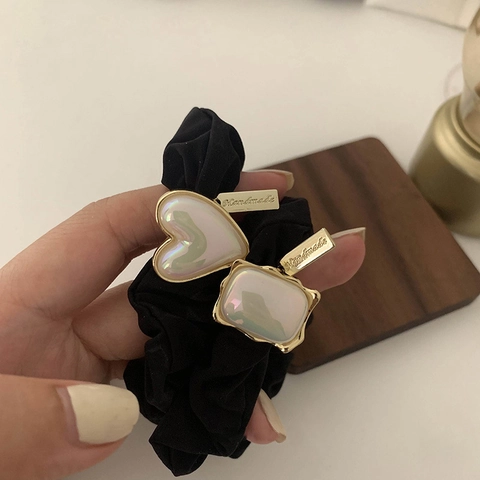 French Geometric Artificial Pearl Heart Square Scrunchie For Women Fabric Hair Tie Elegant Black Ponytail Holder Handmade Hair Accessories