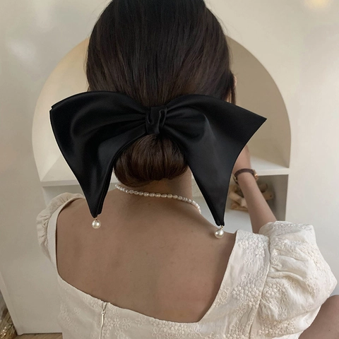 Pinza Para El Pelo Grande De Lazo De Satén De Estilo Francés Con Colgante De Perla Artificial Horquilla Elegante Mujer