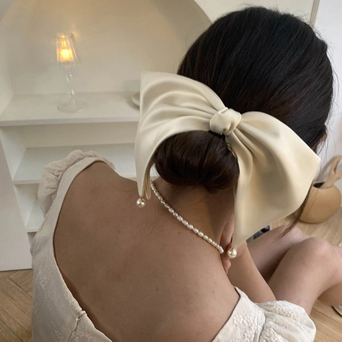 Pinza Para El Pelo Grande De Lazo De Satén De Estilo Francés Con Colgante De Perla Artificial Horquilla Elegante Mujer