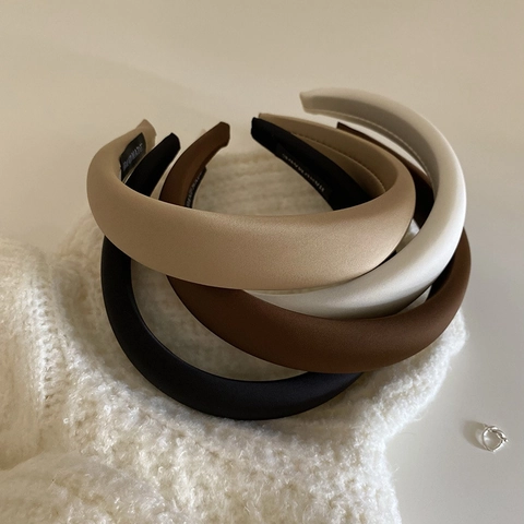 Women's Retro Satin Padded Sponge Headband Solid Color Wide Side High Cranial Top Handmade Hair Band Accessories