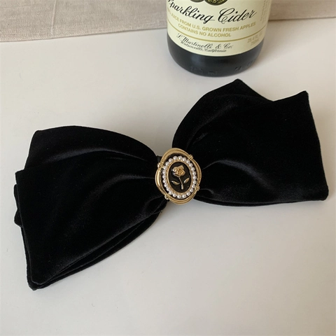 Fermaglio per Capelli in Velluto Nero con Fiocco Grande Vintage Francese Elegante Rilievo Rosa Fatto a Mano Perle Artificiali Donna