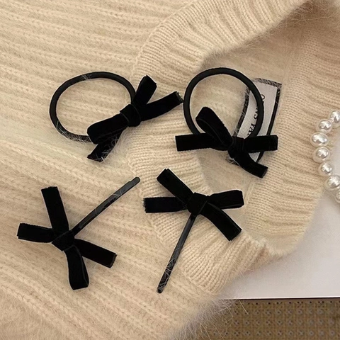 Vintage Schwarz Samt Schleife Haarspange Elegant Schleifenknoten Elastisch Haargummi Handgefertigt Herbst Winter Korean Style Damen