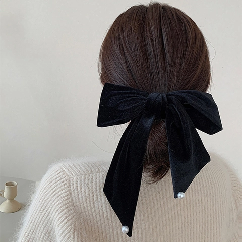 Pinza para el Cabello de Lazo de Terciopelo y Perla Artificial Vintage Francesa Extragrande Clip de Resorte de Lazo Hecho a Mano Accesorios Elegantes para el Cabello de Mujer