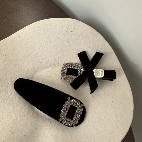 Retro Velvet Rhinestone Square Buckle Hair Clip For Women Elegant Black Bowknot Duckbill Clip Snap Clip Hair Accessories