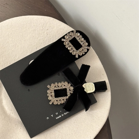 Retro Velvet Rhinestone Square Buckle Hair Clip For Women Elegant Black Bowknot Duckbill Clip Snap Clip Hair Accessories