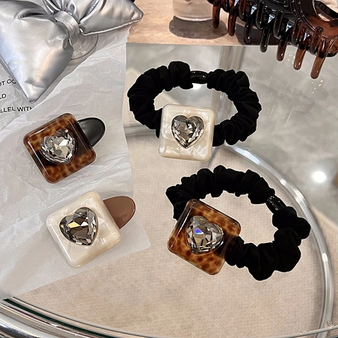 Vintage Leopard Heart Rhinestone Scrunchie Per Capelli Quadrato Acetato Becco d'Anatra Clip Alta Elasticità Accessori Donna