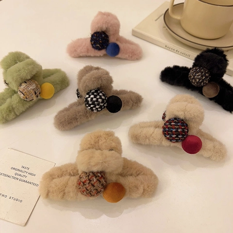Vintage Grande Pinza per Capelli in Peluche per Donna Inverno Calda Pinza a Squalo in Pelliccia Sintetica con Decoro a Palla in Tweed